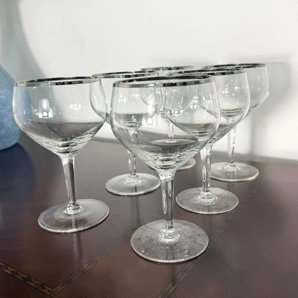 Vintage Silver Rim Coupe Glasses Set of 6 MCM Cocktail Stemware Retro Barware